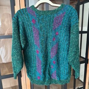 Vintage 90s PASTA Knit Sweater crewneck wool geometric Pullover unisex emerald